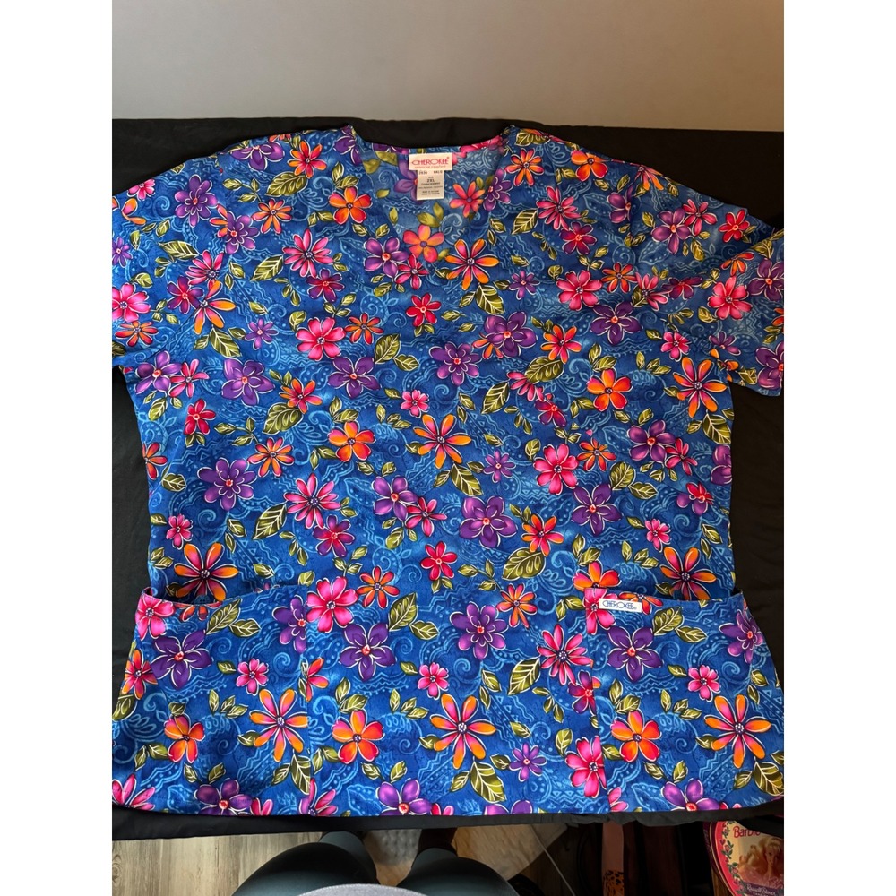 Cherokee Blue Floral Scrub Top V-Neck 2XL Style 2836 Medical Uniform Pockets